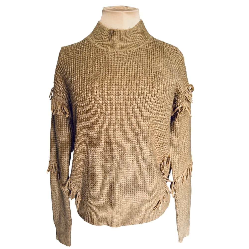 Michael Michael Kors Waffle Knit Fringe Mock Neck Sweater Tan Camel Womens Small